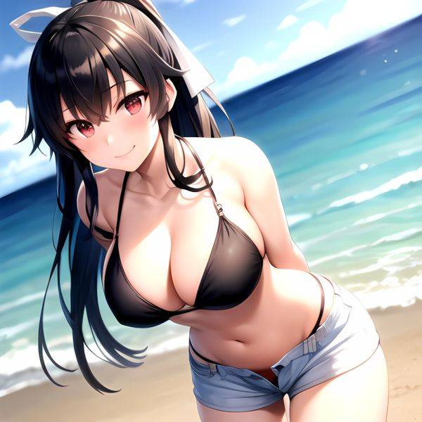 1girl Arms Behind Back Beach Bikini Bikini Under Shorts Black Bikini Black Hair Blurry Blurry Background Breasts Cleavage Closed, 2081906598 - AIHentai - aihentai.co on pornsimulated.com