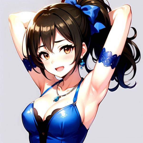 1girl Absurdres Armpits Arms Up Ayase Honoka Black Gloves Blue Bow Blue Dress Blush Bow Breasts Brown Eyes Brown Hair, 119427910 - AIHentai - aihentai.co on pornsimulated.com