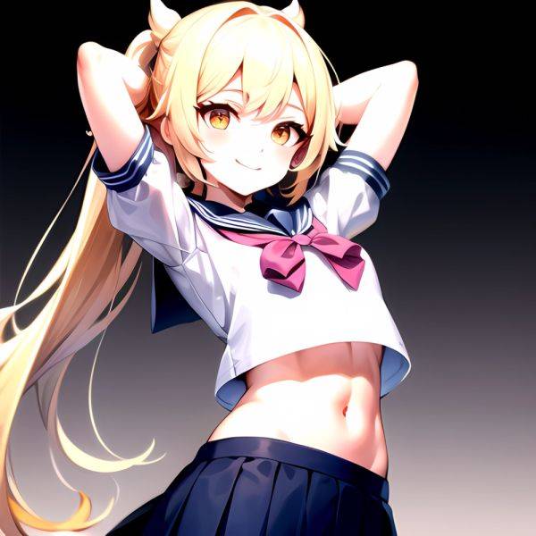 1girl Arms Up Arms Behind Head Blonde Hair Blue Skirt Bow Crop Top Crop Top Overhang Genshin Impact Gradient Background, 4228753614 - AIHentai - aihentai.co on pornsimulated.com