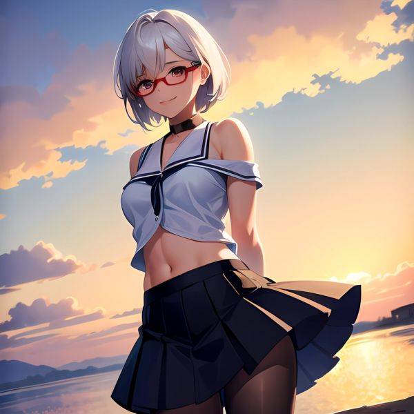 1girl Aircraft Bird Breasts Cloud Cloudy Sky Cowboy Shot Curtsey Dark Skinned Female Dark Skin Day Flashing Glasses Looking At, 4236078913 - AIHentai - aihentai.co on pornsimulated.com