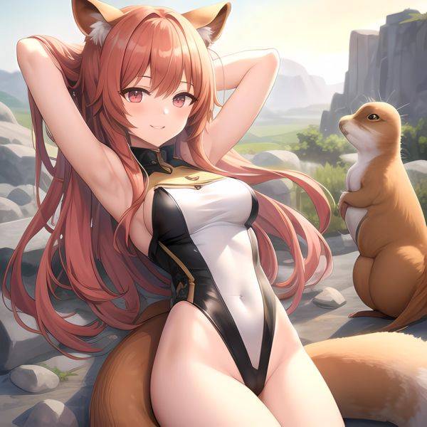 1girl Absurdres Animal Ear Fluff Animal Ears Arknights Arms Behind Head Chest Armor Covered Navel Gravel Arknights Highleg Highl, 1039455577 - AIHentai - aihentai.co on pornsimulated.com