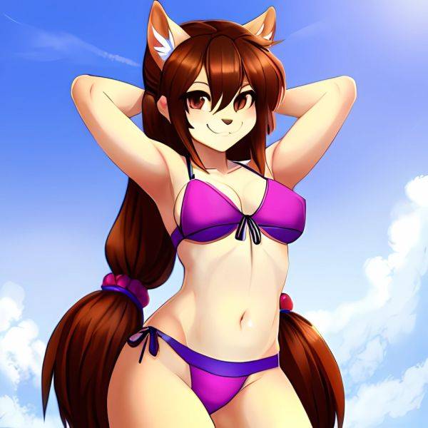 1girl Armpits Arms Behind Head Bikini Brown Eyes Brown Hair Cowboy Shot Dot Nose Flat Chest From Side Hair Ornament, 937153850 - AIHentai - aihentai.co on pornsimulated.com