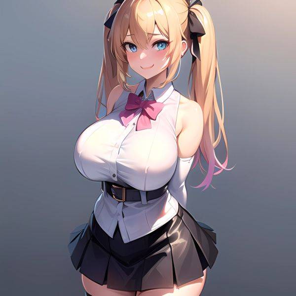 1girl Aymusk Belt Black Skirt Blonde Hair Blue Eyes Blush Bow Bowtie Breasts Curvy Elbow Gloves Fang Gloves Gradient Background, 2132478255 - AIHentai - aihentai.co on pornsimulated.com