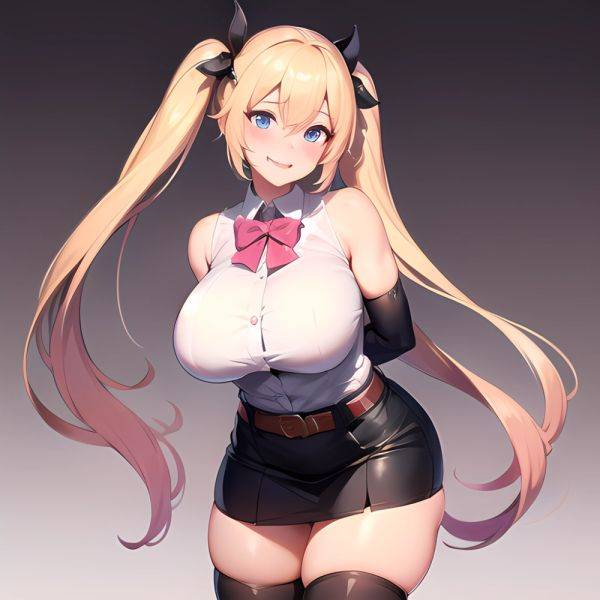 1girl Aymusk Belt Black Skirt Blonde Hair Blue Eyes Blush Bow Bowtie Breasts Curvy Elbow Gloves Fang Gloves Gradient Background, 3944294932 - AIHentai - aihentai.co on pornsimulated.com