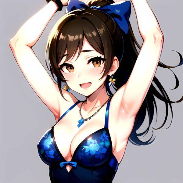 1girl Absurdres Armpits Arms Up Ayase Honoka Black Gloves Blue Bow Blue Dress Blush Bow Breasts Brown Eyes Brown Hair, 3569381727 - AIHentai - aihentai.co on pornsimulated.com