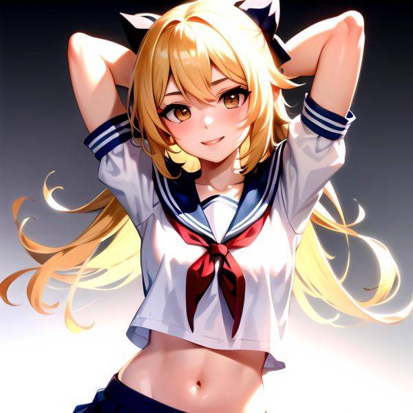 1girl Arms Up Arms Behind Head Blonde Hair Blue Skirt Bow Crop Top Crop Top Overhang Genshin Impact Gradient Background, 2054834750 - AIHentai - aihentai.co on pornsimulated.com