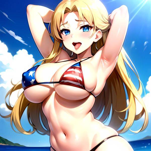 1girl American Flag Bikini Armpits Arms Behind Head Bikini Blonde Hair Blue Eyes Blush Breasts Covered Erect Nipples Flag Print, 1910329292 - AIHentai - aihentai.co - Usa on pornsimulated.com