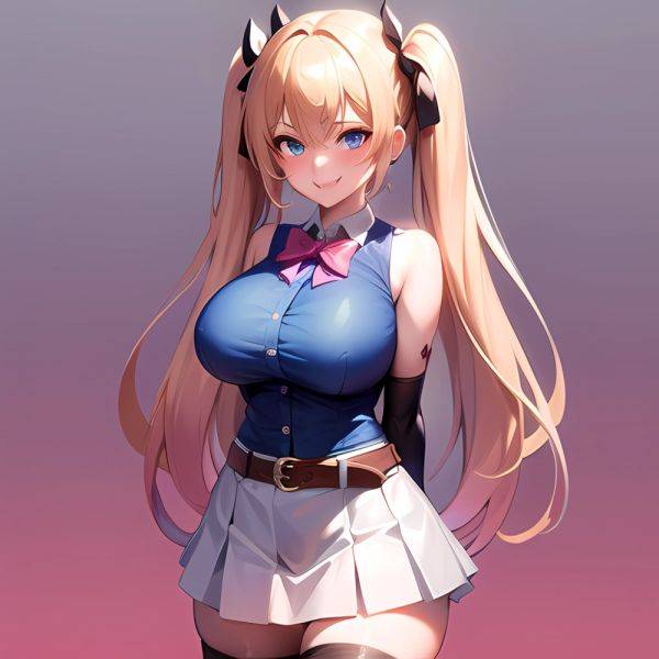 1girl Aymusk Belt White Skirt Blonde Hair Blue Eyes Blush Bow Bowtie Breasts Curvy Elbow Gloves Fang Gloves Gradient Background, 2309726073 - AIHentai - aihentai.co on pornsimulated.com