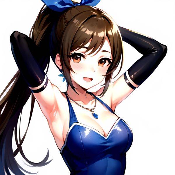 1girl Absurdres Armpits Arms Up Ayase Honoka Black Gloves Blue Bow Blue Dress Blush Bow Breasts Brown Eyes Brown Hair, 3950104654 - AIHentai - aihentai.co on pornsimulated.com