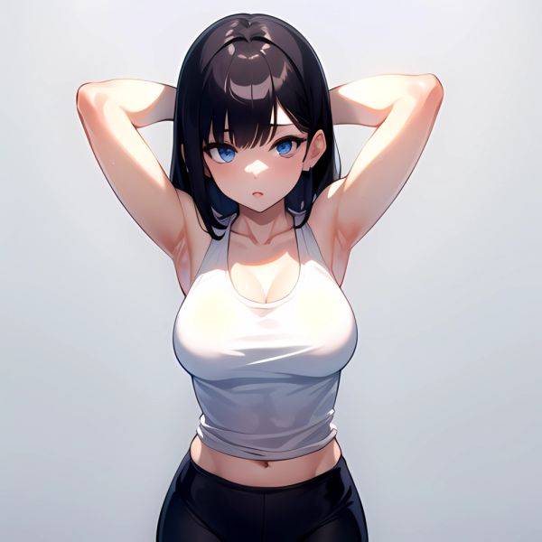 1girl Solo Tank Top Leggings Blue Eyes Standing Fully Clothed Pov Simple Background Arms Behind Head, 2373274134 - AIHentai - aihentai.co on pornsimulated.com