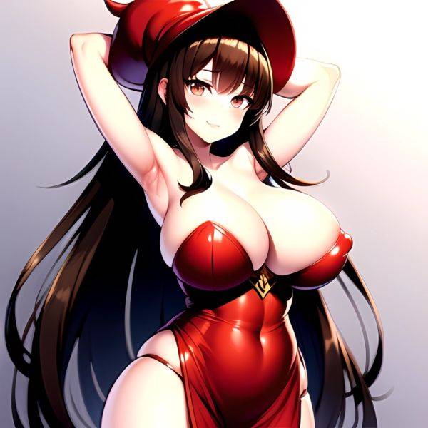 1girl Absurdres Bare Shoulders Black Headwear Breasts Breasts Out Brown Eyes Brown Hair Cleavage Dragon 039 S Crown Dress Highre, 1168752574 - AIHentai - aihentai.co on pornsimulated.com