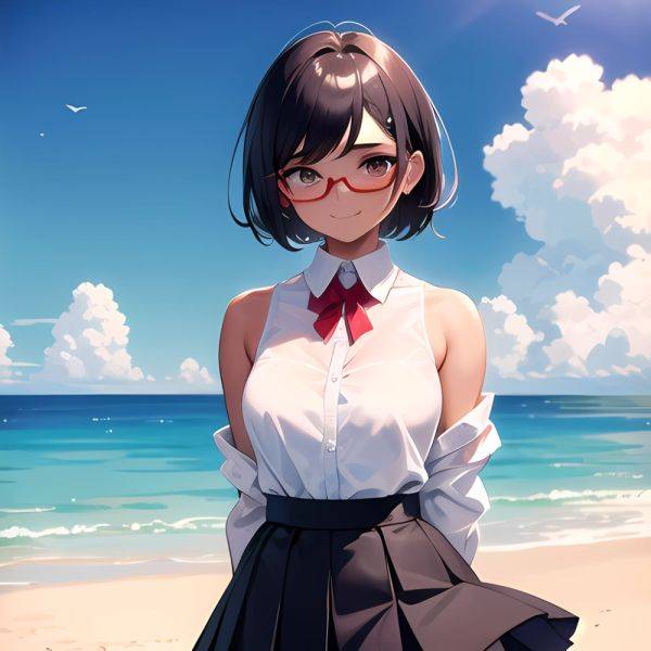 1girl Aircraft Bird Breasts Cloud Cloudy Sky Cowboy Shot Curtsey Dark Skinned Female Dark Skin Day Flashing Glasses Looking At, 4070349367 - AIHentai - aihentai.co on pornsimulated.com