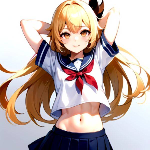 1girl Arms Up Arms Behind Head Blonde Hair Blue Skirt Bow Crop Top Crop Top Overhang Genshin Impact Gradient Background, 1364333214 - AIHentai - aihentai.co on pornsimulated.com