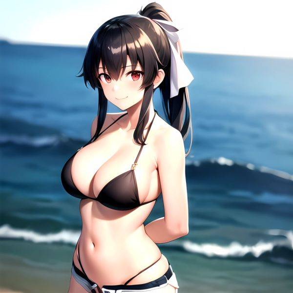 1girl Arms Behind Back Beach Bikini Bikini Under Shorts Black Bikini Black Hair Blurry Blurry Background Breasts Cleavage Closed, 2954344750 - AIHentai - aihentai.co on pornsimulated.com