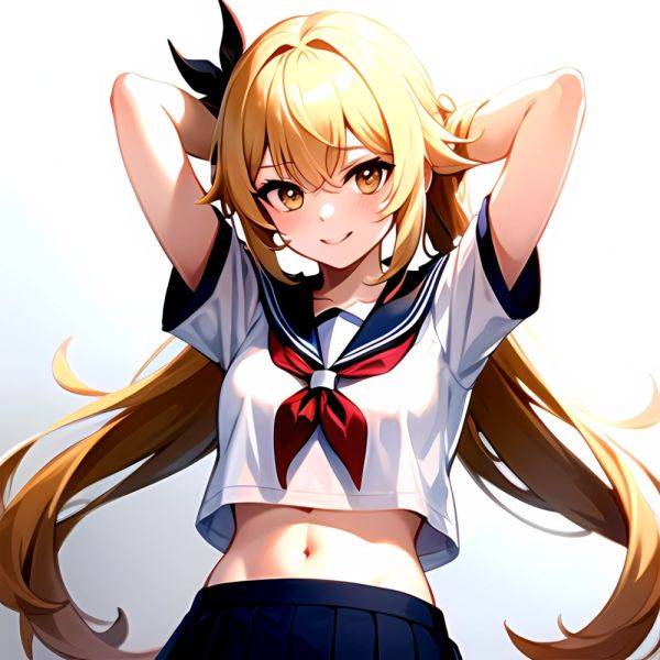 1girl Arms Up Arms Behind Head Blonde Hair Blue Skirt Bow Crop Top Crop Top Overhang Genshin Impact Gradient Background, 1240040376 - AIHentai - aihentai.co on pornsimulated.com