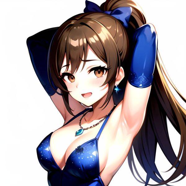 1girl Absurdres Armpits Arms Up Ayase Honoka Black Gloves Blue Bow Blue Dress Blush Bow Breasts Brown Eyes Brown Hair, 891262836 - AIHentai - aihentai.co on pornsimulated.com