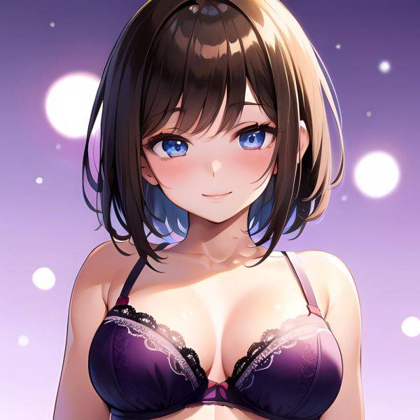 1girl Ai Generated Blue Eyes Blush Breasts Brown Hair Highres Large Breasts Light Smile Looking At Viewer Purple Background Shor, 412784870 - AIHentai - aihentai.co on pornsimulated.com