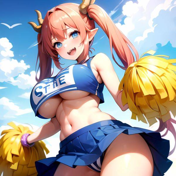 1girl Absurdres Blue Skirt Bluefrok Breasts Cheerleader Dragon Girl Dragon Horns Highres Holding Holding Pom Poms Horns Huge Bre, 1444714248 - AIHentai - aihentai.co on pornsimulated.com