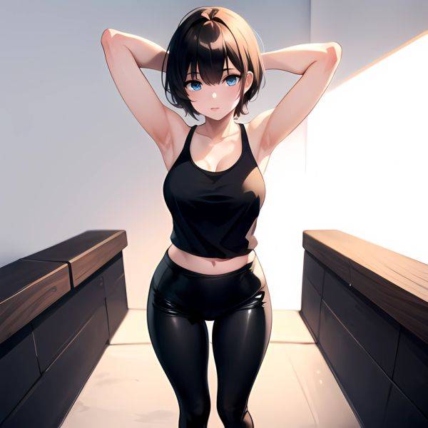 1girl Solo Tank Top Leggings Blue Eyes Standing Fully Clothed Pov Simple Background Arms Behind Head, 1290531711 - AIHentai - aihentai.co on pornsimulated.com
