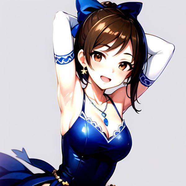1girl Absurdres Armpits Arms Up Ayase Honoka Black Gloves Blue Bow Blue Dress Blush Bow Breasts Brown Eyes Brown Hair, 2911931279 - AIHentai - aihentai.co on pornsimulated.com