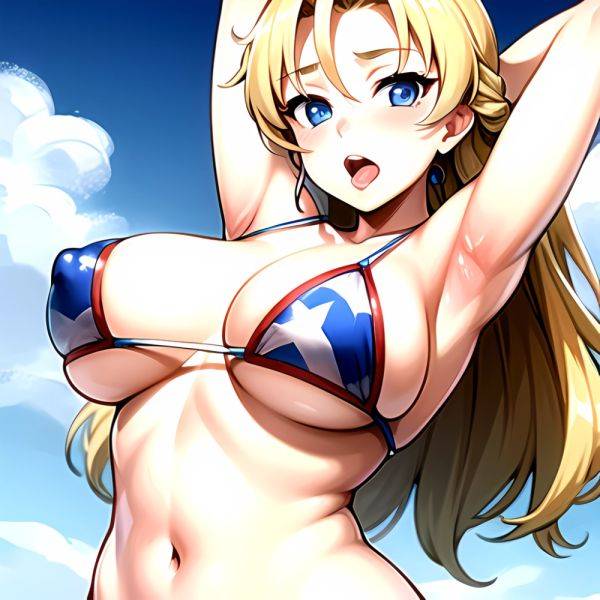 1girl American Flag Bikini Armpits Arms Behind Head Bikini Blonde Hair Blue Eyes Blush Breasts Covered Erect Nipples Flag Print, 2031975967 - AIHentai - aihentai.co - Usa on pornsimulated.com