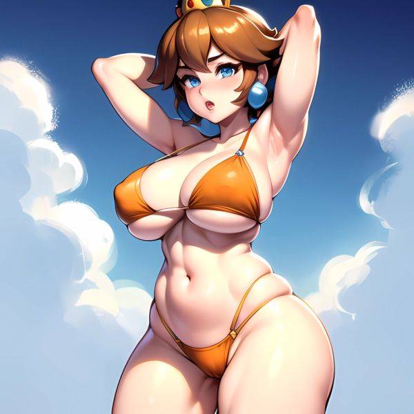 1girl Areola Slip Armpits Arms Behind Head Bikini Blue Eyes Blush Breasts Brown Hair Cleavage Huge Breasts Legs Mario Series, 2595899870 - AIHentai - aihentai.co on pornsimulated.com