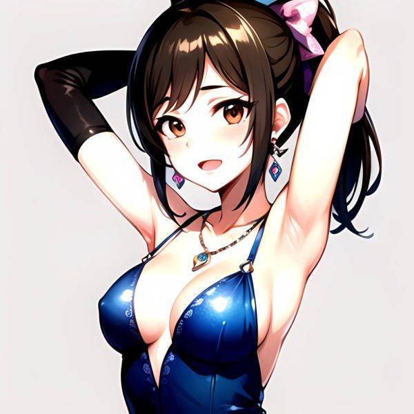1girl Absurdres Armpits Arms Up Ayase Honoka Black Gloves Blue Bow Blue Dress Blush Bow Breasts Brown Eyes Brown Hair, 136621322 - AIHentai - aihentai.co on pornsimulated.com