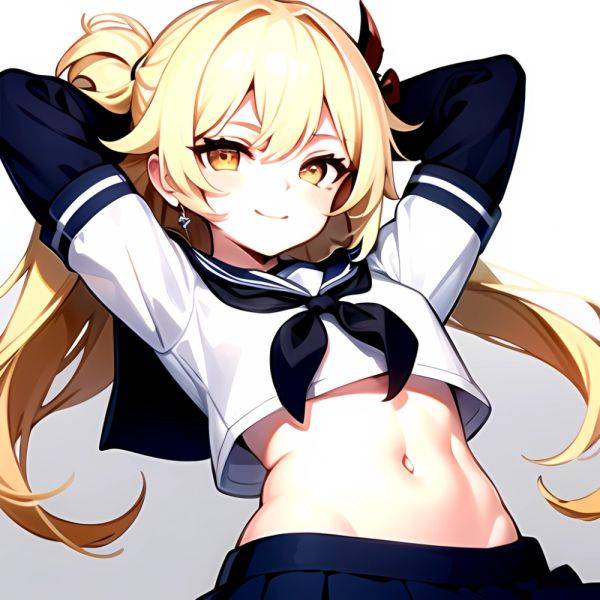 1girl Arms Up Arms Behind Head Blonde Hair Blue Skirt Bow Crop Top Crop Top Overhang Genshin Impact Gradient Background, 2252329862 - AIHentai - aihentai.co on pornsimulated.com