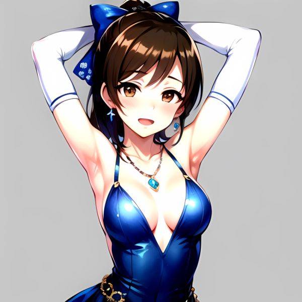 1girl Absurdres Armpits Arms Up Ayase Honoka Black Gloves Blue Bow Blue Dress Blush Bow Breasts Brown Eyes Brown Hair, 3745037185 - AIHentai - aihentai.co on pornsimulated.com