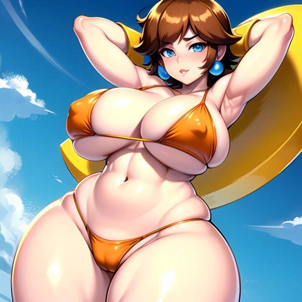 1girl Areola Slip Armpits Arms Behind Head Bikini Blue Eyes Blush Breasts Brown Hair Cleavage Huge Breasts Legs Mario Series, 819016749 - AIHentai - aihentai.co on pornsimulated.com