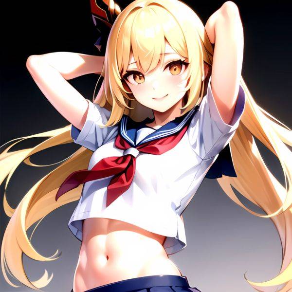 1girl Arms Up Arms Behind Head Blonde Hair Blue Skirt Bow Crop Top Crop Top Overhang Genshin Impact Gradient Background, 3708820663 - AIHentai - aihentai.co on pornsimulated.com