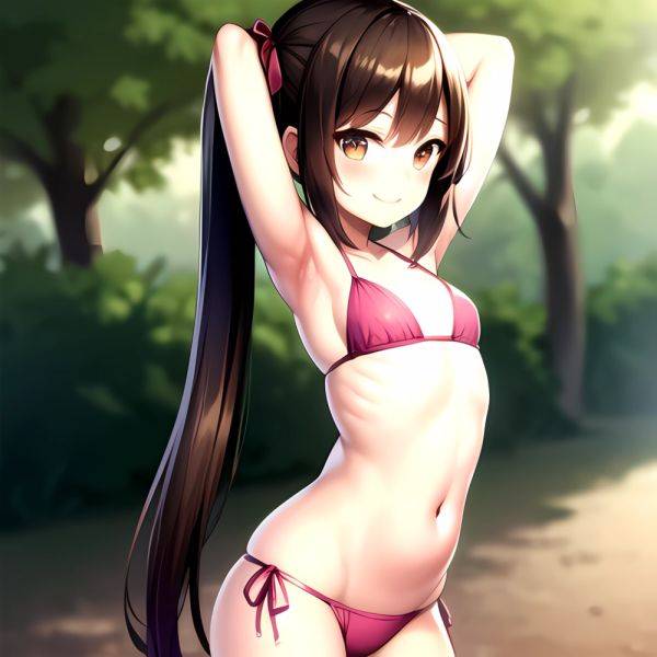 1girl Armpits Arms Behind Head Bikini Brown Eyes Brown Hair Cowboy Shot Dot Nose Flat Chest From Side Hair Ornament, 1238252048 - AIHentai - aihentai.co on pornsimulated.com