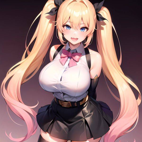 1girl Aymusk Belt Black Skirt Blonde Hair Blue Eyes Blush Bow Bowtie Breasts Curvy Elbow Gloves Fang Gloves Gradient Background, 2905672435 - AIHentai - aihentai.co on pornsimulated.com