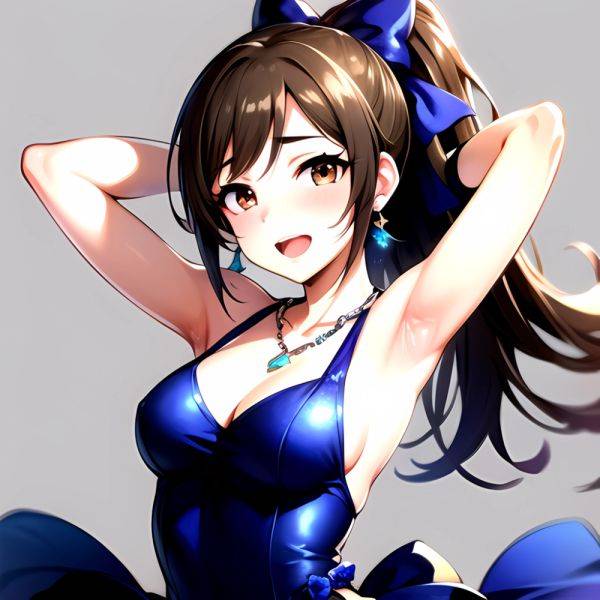 1girl Absurdres Armpits Arms Up Ayase Honoka Black Gloves Blue Bow Blue Dress Blush Bow Breasts Brown Eyes Brown Hair, 3839755190 - AIHentai - aihentai.co on pornsimulated.com
