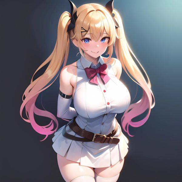 1girl Aymusk Belt White Skirt Blonde Hair Blue Eyes Blush Bow Bowtie Breasts Curvy Elbow Gloves Fang Gloves Gradient Background, 3450259227 - AIHentai - aihentai.co on pornsimulated.com