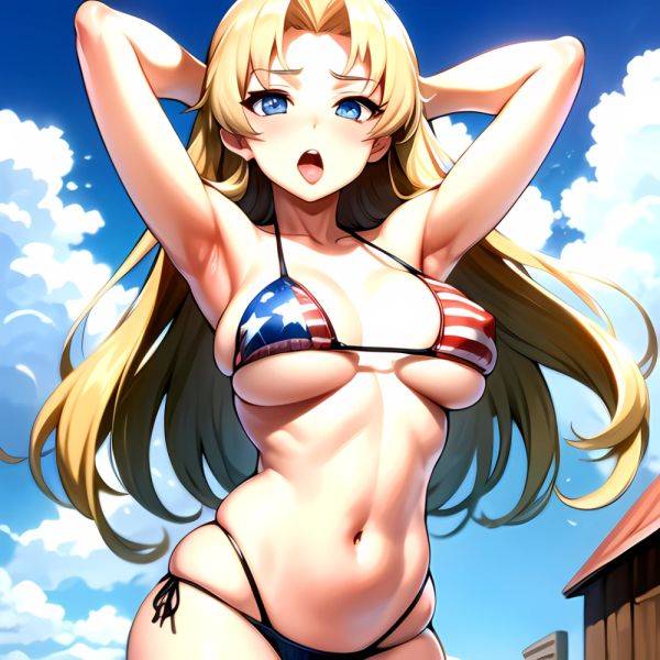 1girl American Flag Bikini Armpits Arms Behind Head Bikini Blonde Hair Blue Eyes Blush Breasts Covered Erect Nipples Flag Print, 3157933697 - AIHentai - aihentai.co - Usa on pornsimulated.com