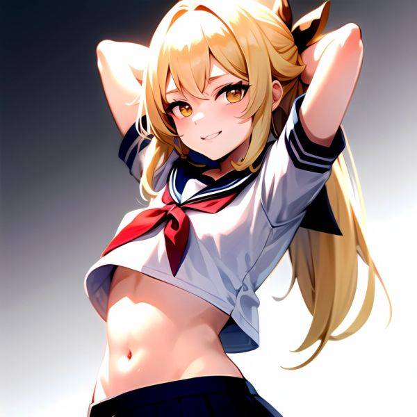 1girl Arms Up Arms Behind Head Blonde Hair Blue Skirt Bow Crop Top Crop Top Overhang Genshin Impact Gradient Background, 3949459195 - AIHentai - aihentai.co on pornsimulated.com