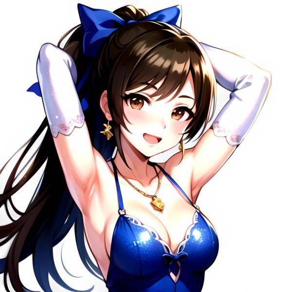 1girl Absurdres Armpits Arms Up Ayase Honoka Black Gloves Blue Bow Blue Dress Blush Bow Breasts Brown Eyes Brown Hair, 1367693054 - AIHentai - aihentai.co on pornsimulated.com