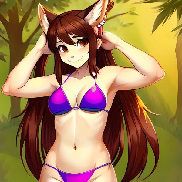 1girl Adjusting Hair Armpits Arms Behind Head Bikini Brown Eyes Brown Hair Cowboy Shot Dot Nose Flat Chest From Side, 411473926 - AIHentai - aihentai.co on pornsimulated.com