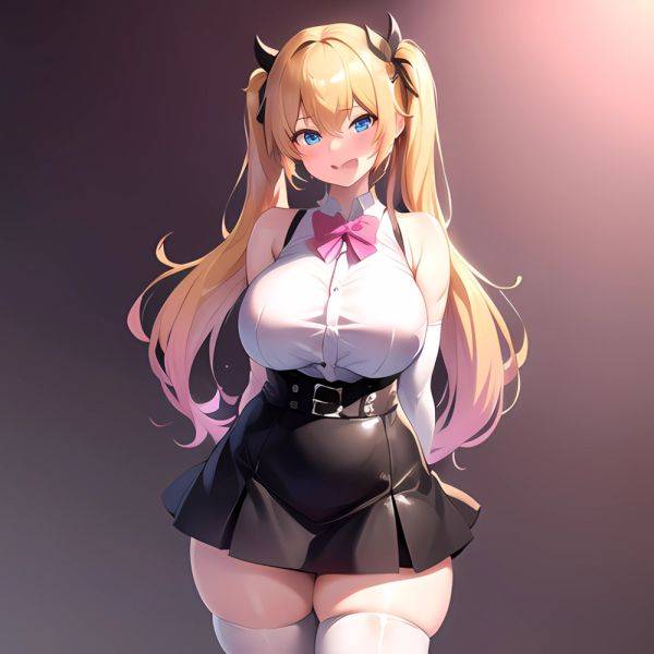 1girl Aymusk Belt Black Skirt Blonde Hair Blue Eyes Blush Bow Bowtie Breasts Curvy Elbow Gloves Fang Gloves Gradient Background, 3915690100 - AIHentai - aihentai.co on pornsimulated.com