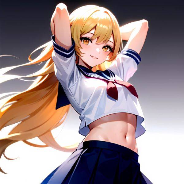 1girl Arms Up Arms Behind Head Blonde Hair Blue Skirt Bow Crop Top Crop Top Overhang Genshin Impact Gradient Background, 1238648769 - AIHentai - aihentai.co on pornsimulated.com