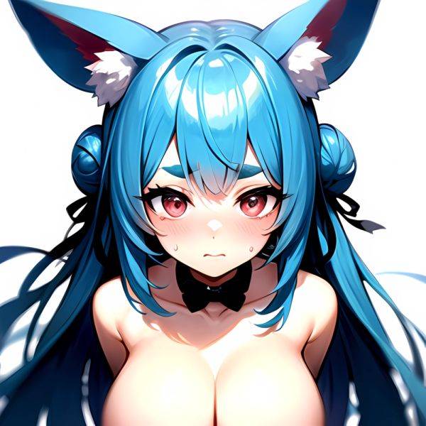 1girl Alternate Breast Size Animal Ear Fluff Animal Ears Blue Hair Blush Breasts Double Bun Embarrassed Hair Bun Haro Art, 2452811634 - AIHentai - aihentai.co on pornsimulated.com