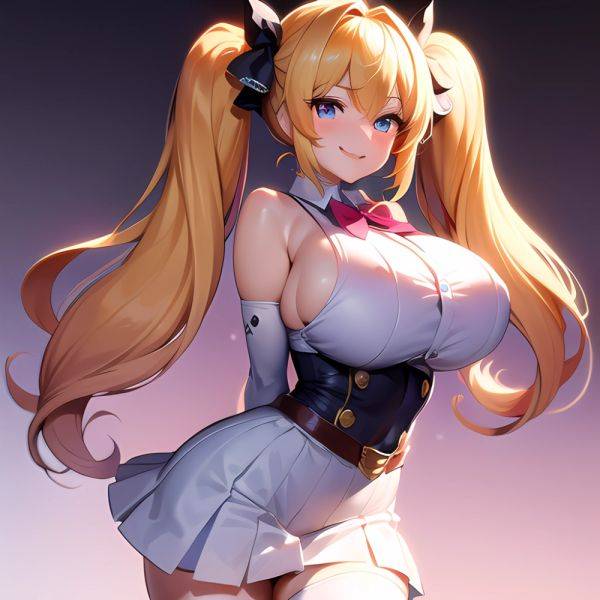 1girl Aymusk Belt White Skirt Blonde Hair Blue Eyes Blush Bow Bowtie Breasts Curvy Elbow Gloves Fang Gloves Gradient Background, 3068164456 - AIHentai - aihentai.co on pornsimulated.com