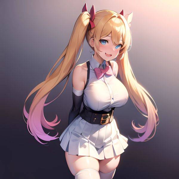 1girl Aymusk Belt White Skirt Blonde Hair Blue Eyes Blush Bow Bowtie Breasts Curvy Elbow Gloves Fang Gloves Gradient Background, 4043676873 - AIHentai - aihentai.co on pornsimulated.com