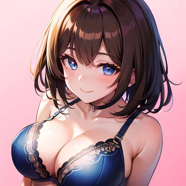 1girl Ai Generated Blue Eyes Blush Breasts Brown Hair Highres Large Breasts Light Smile Looking At Viewer Pink Background Short, 1963442248 - AIHentai - aihentai.co on pornsimulated.com