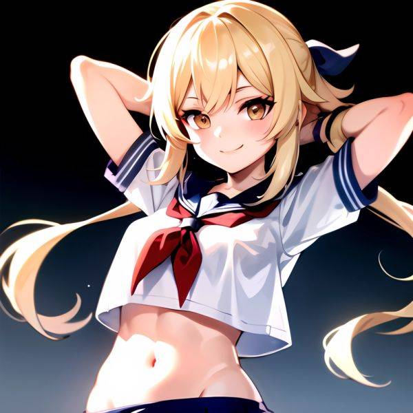 1girl Arms Up Arms Behind Head Blonde Hair Blue Skirt Bow Crop Top Crop Top Overhang Genshin Impact Gradient Background, 2027264715 - AIHentai - aihentai.co on pornsimulated.com