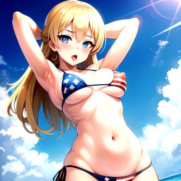 1girl American Flag Bikini Armpits Arms Behind Head Bikini Blonde Hair Blue Eyes Blush Breasts Covered Erect Nipples Flag Print, 2253463505 - AIHentai - aihentai.co - Usa on pornsimulated.com