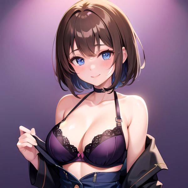 1girl Ai Generated Blue Eyes Blush Breasts Brown Hair Highres Large Breasts Light Smile Looking At Viewer Purple Background Shor, 2260095072 - AIHentai - aihentai.co on pornsimulated.com