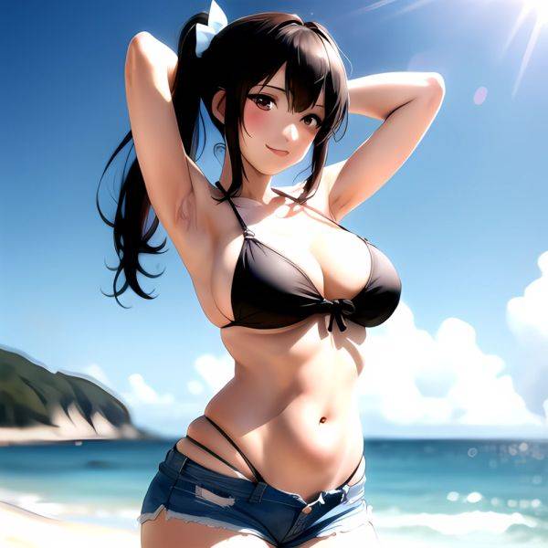 1girl Arms Behind Head Armpits Beach Bikini Bikini Under Shorts Black Bikini Black Hair Blurry Blurry Background Breasts Cleavag, 2970575049 - AIHentai - aihentai.co on pornsimulated.com