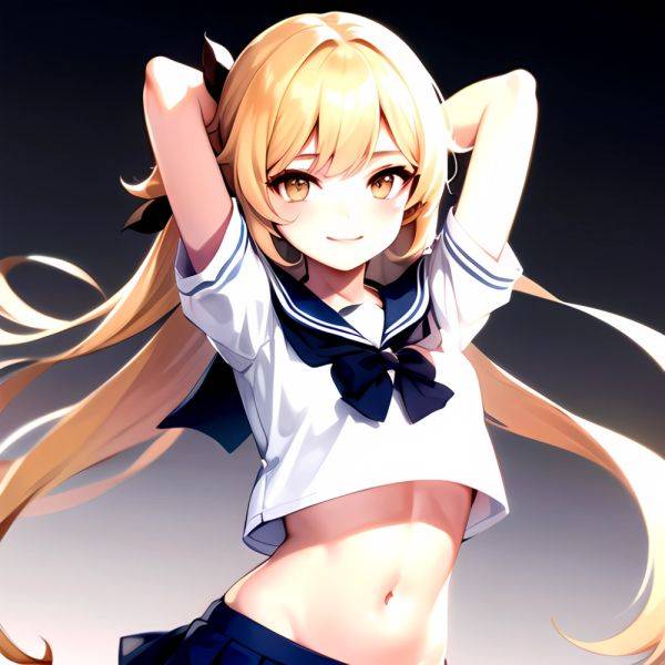 1girl Arms Up Arms Behind Head Blonde Hair Blue Skirt Bow Crop Top Crop Top Overhang Genshin Impact Gradient Background, 1028025259 - AIHentai - aihentai.co on pornsimulated.com